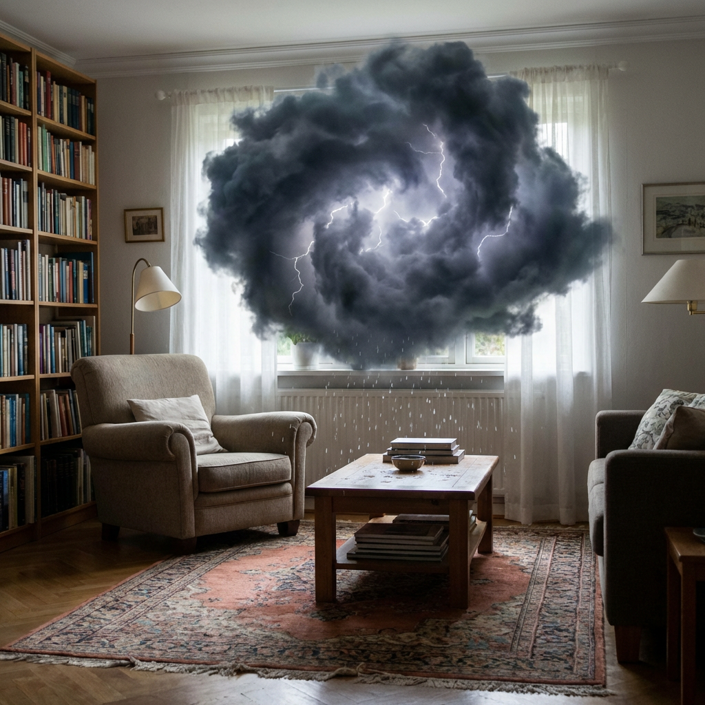 A dark storm cloud with lightning and rain inside a domestic living room.