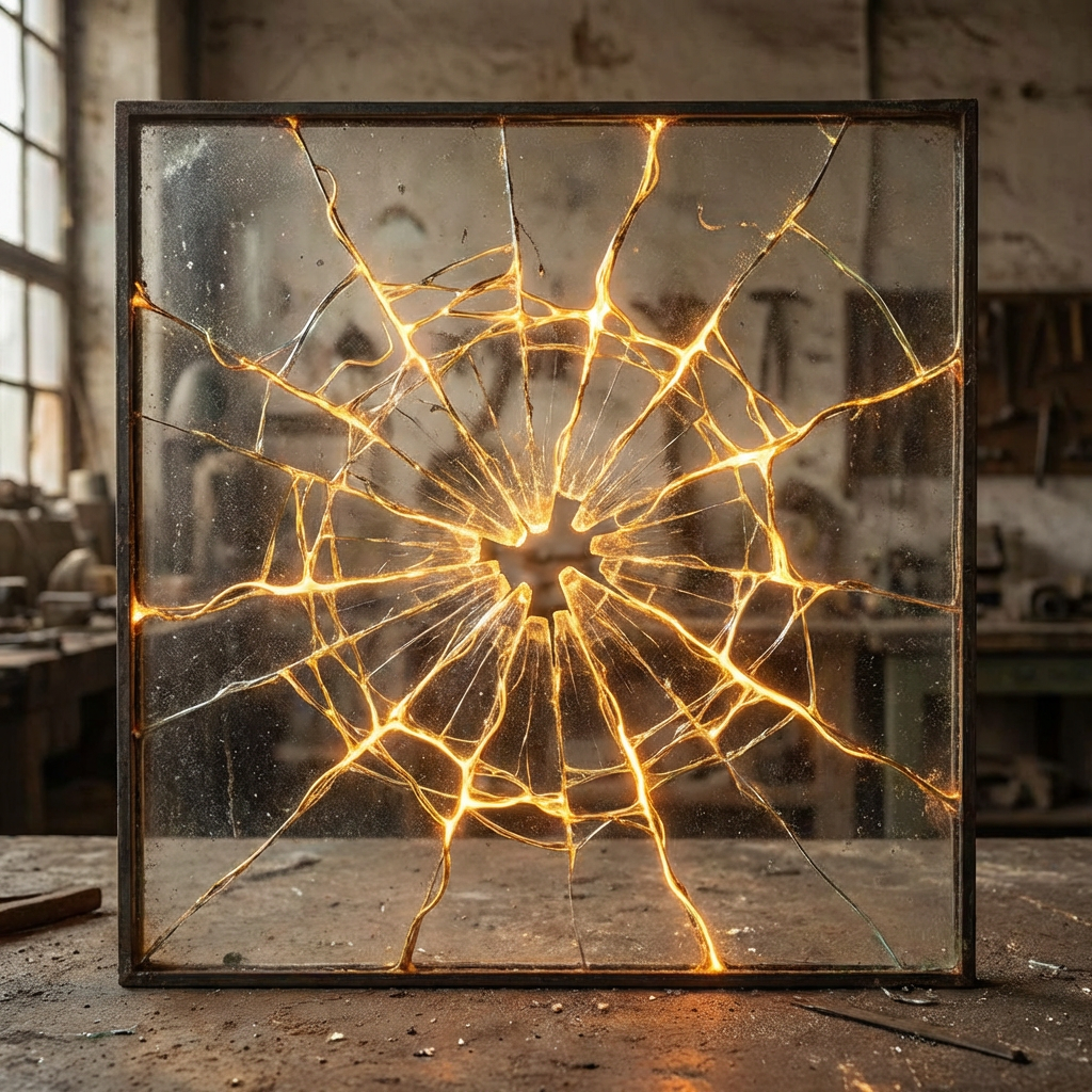 Shattered glass pane in a dark frame with cracks filled with glowing golden material.