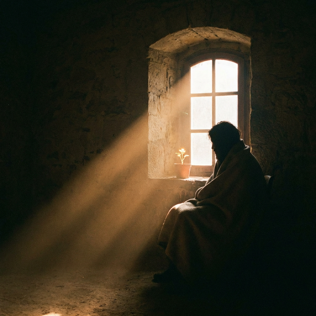 Silhouette of a person wrapped in a blanket sitting beside a sunlit window with a plant.