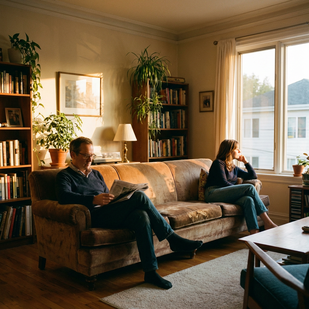 Man reading newspaper and woman looking out window in a sunlit living room.
