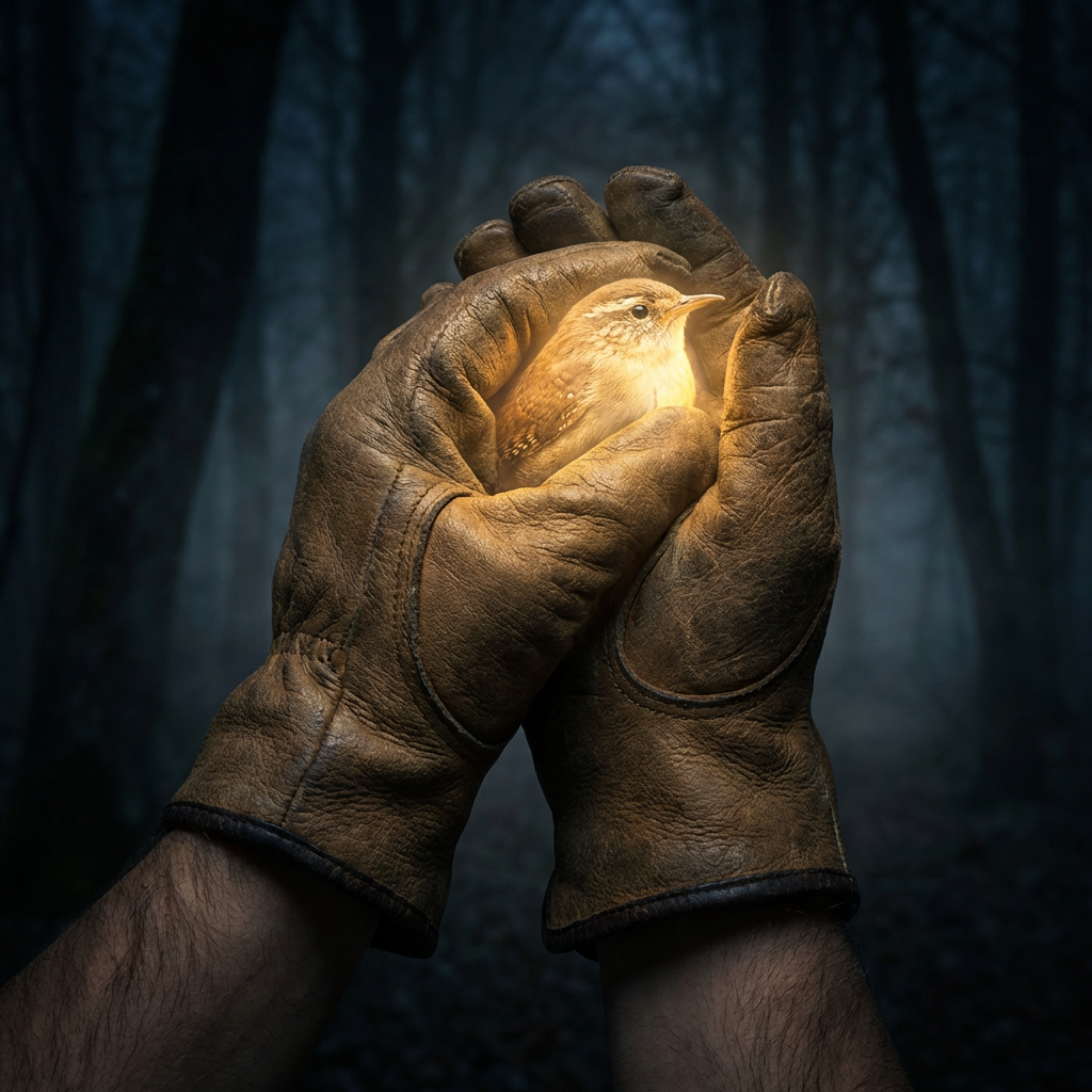 Gloved hands gently cupping a small, glowing bird in a dark, misty forest.