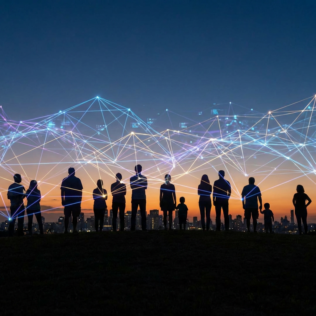 Silhouettes of people connected by a glowing digital network against a sunset city skyline.