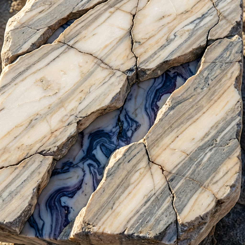 Cracked beige marble revealing a hidden layer of swirling blue and purple patterns.