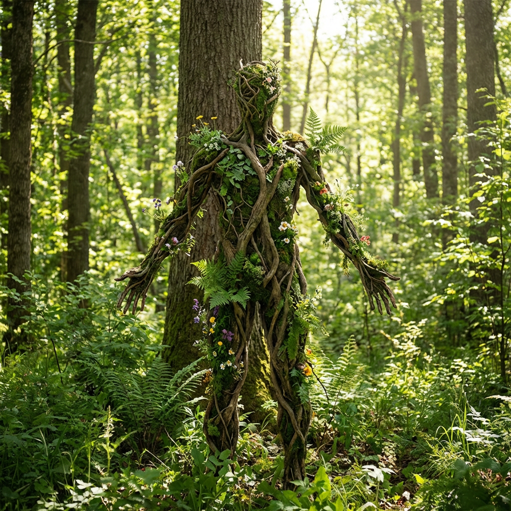 Humanoid figure made of vines, moss, and wildflowers standing in a sunlit forest.