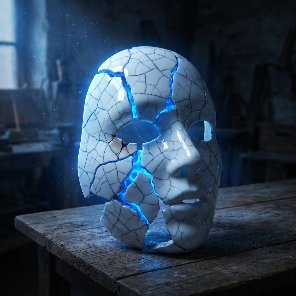 A shattered ceramic face mask emitting a bright blue glow from within.