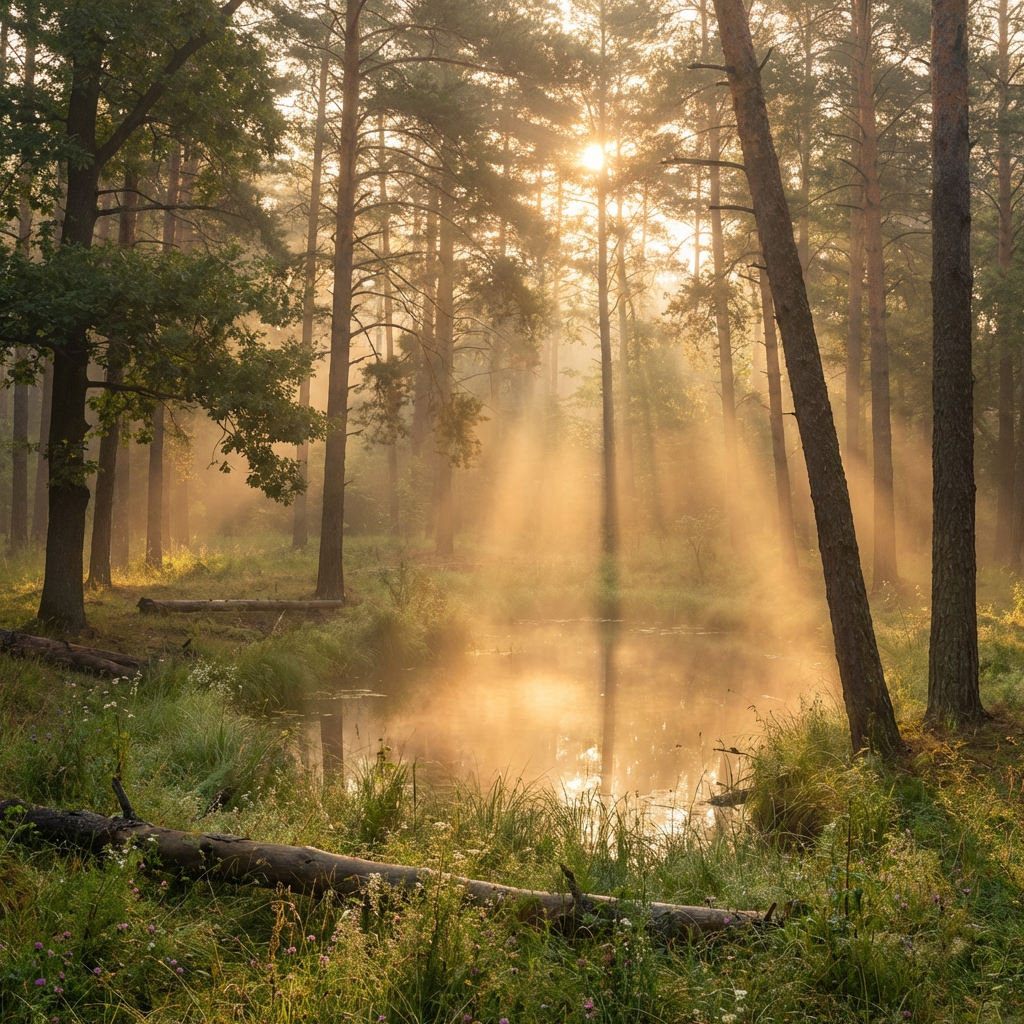 Sunbeams shining through tall pine trees over a small pond in a misty forest.