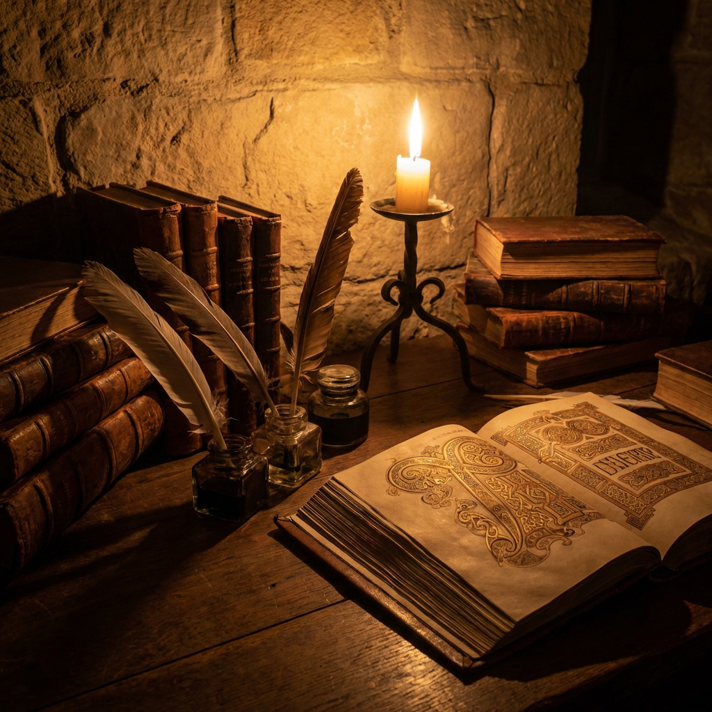 Illuminated manuscript, stacked books, and quills on a wooden desk lit by a single candle.