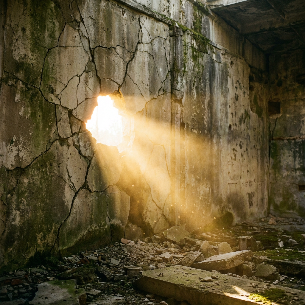 Bright golden sunbeams shining through a hole in a cracked, mossy concrete wall.