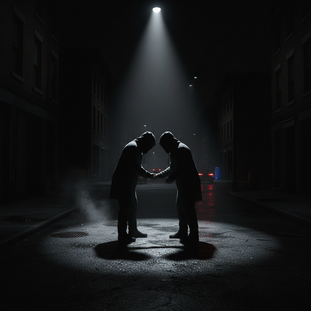 Two hooded figures facing each other under a bright streetlight on a dark city street.