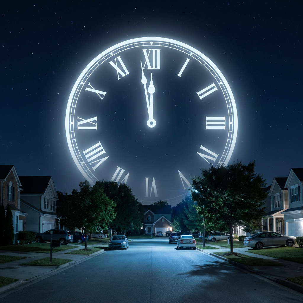Large glowing clock face with Roman numerals in a starry sky above suburban houses.