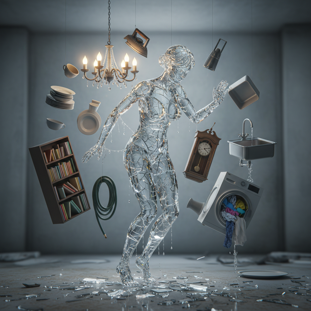Shattered glass woman surrounded by floating household items in a dim room