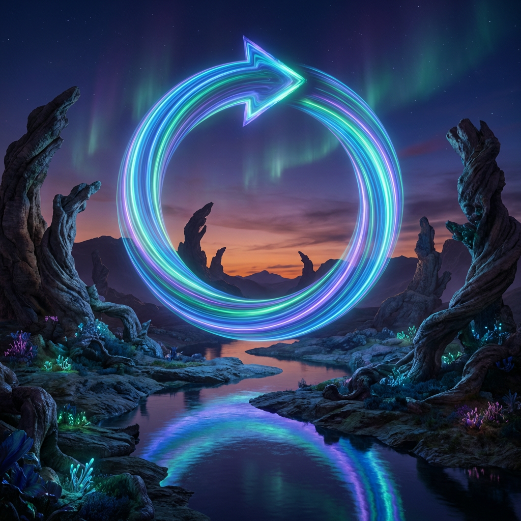 Glowing neon circular arrow above a reflective river in a mystical rocky landscape at dusk
