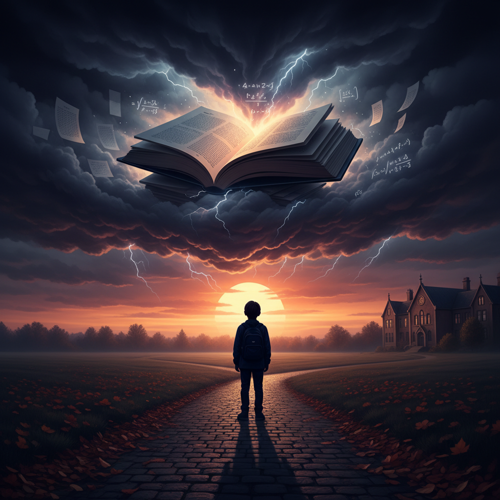 Silhouette of a child looking at a large glowing book floating in stormy clouds with lightning and floating pages