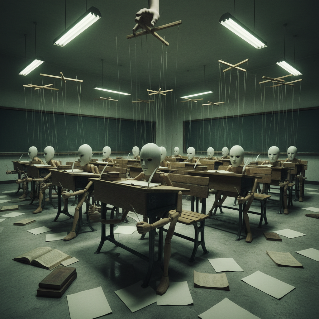 Marionette dolls with white masks sitting at school desks in a classroom, manipulated by strings from wooden controllers overhead