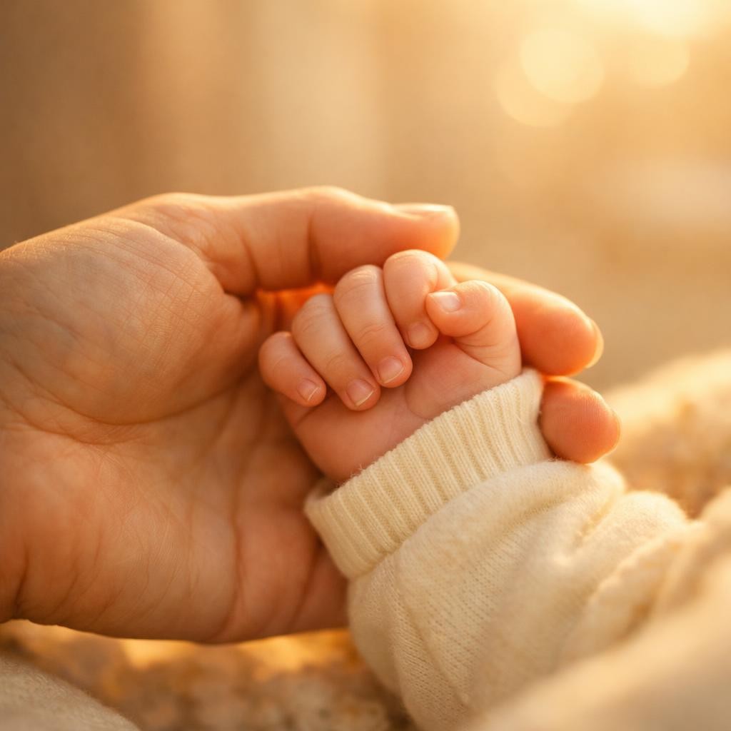 Adult hand holding a baby's hand gently