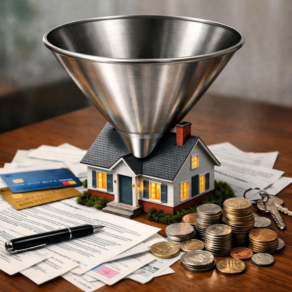 Metal funnel above a miniature house surrounded by coins, credit cards, keys, and financial papers