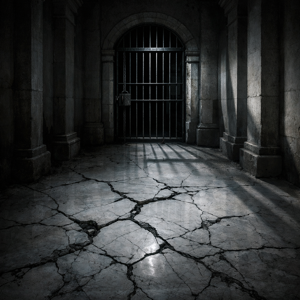 Cracked stone floor corridor with shadows cast by barred iron gate at end