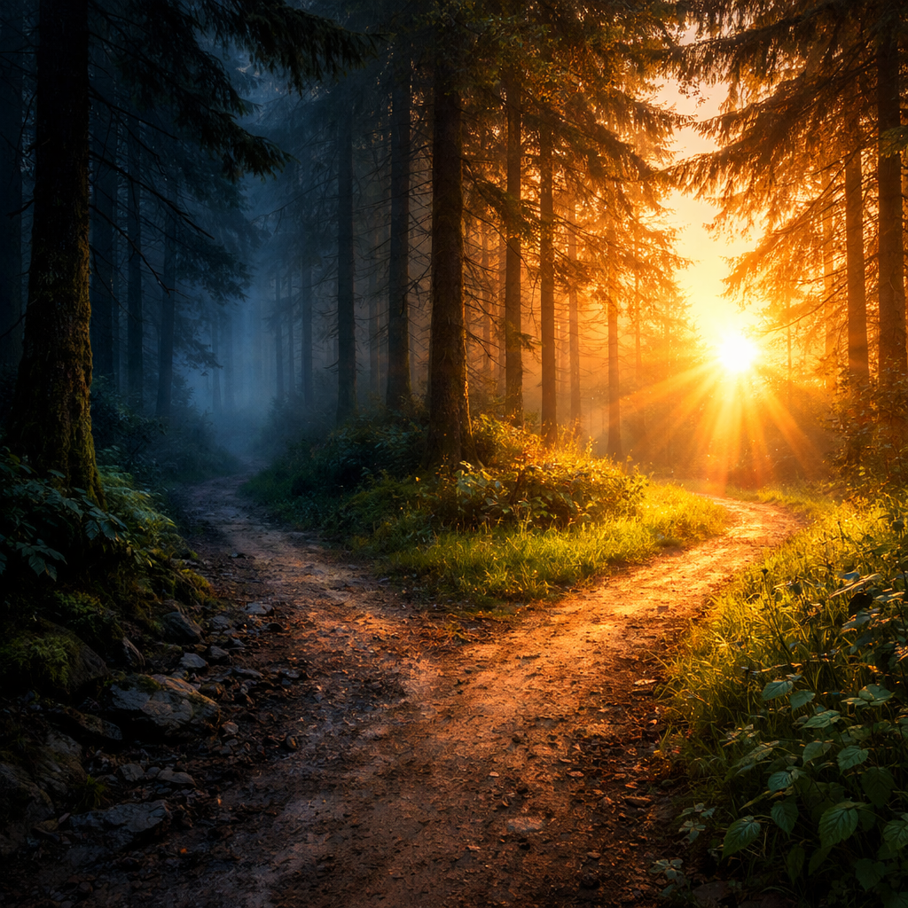 Dirt forest path splitting into two directions with sunlight filtering through trees