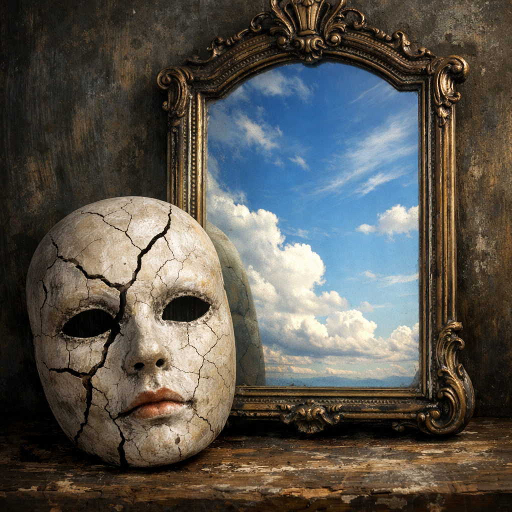 Cracked ceramic mask with blank eyes next to an ornate mirror showing blue sky and white clouds