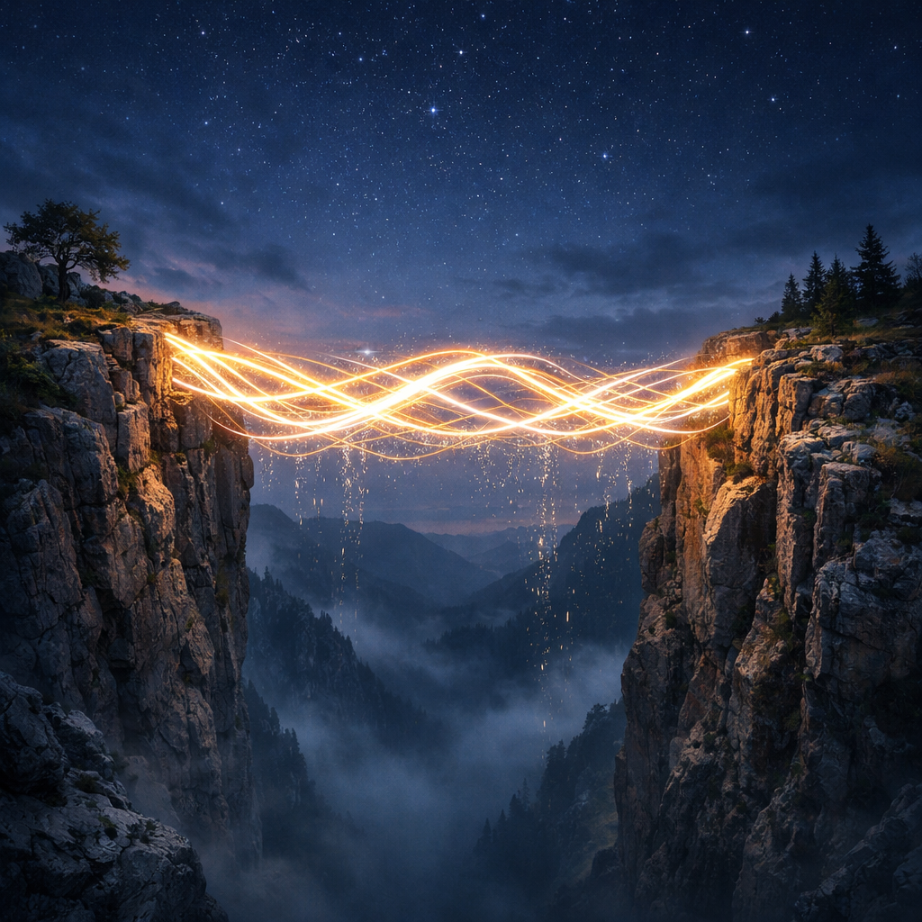 Bright intertwined light trails connecting two rocky cliffs over a fog-filled valley at night