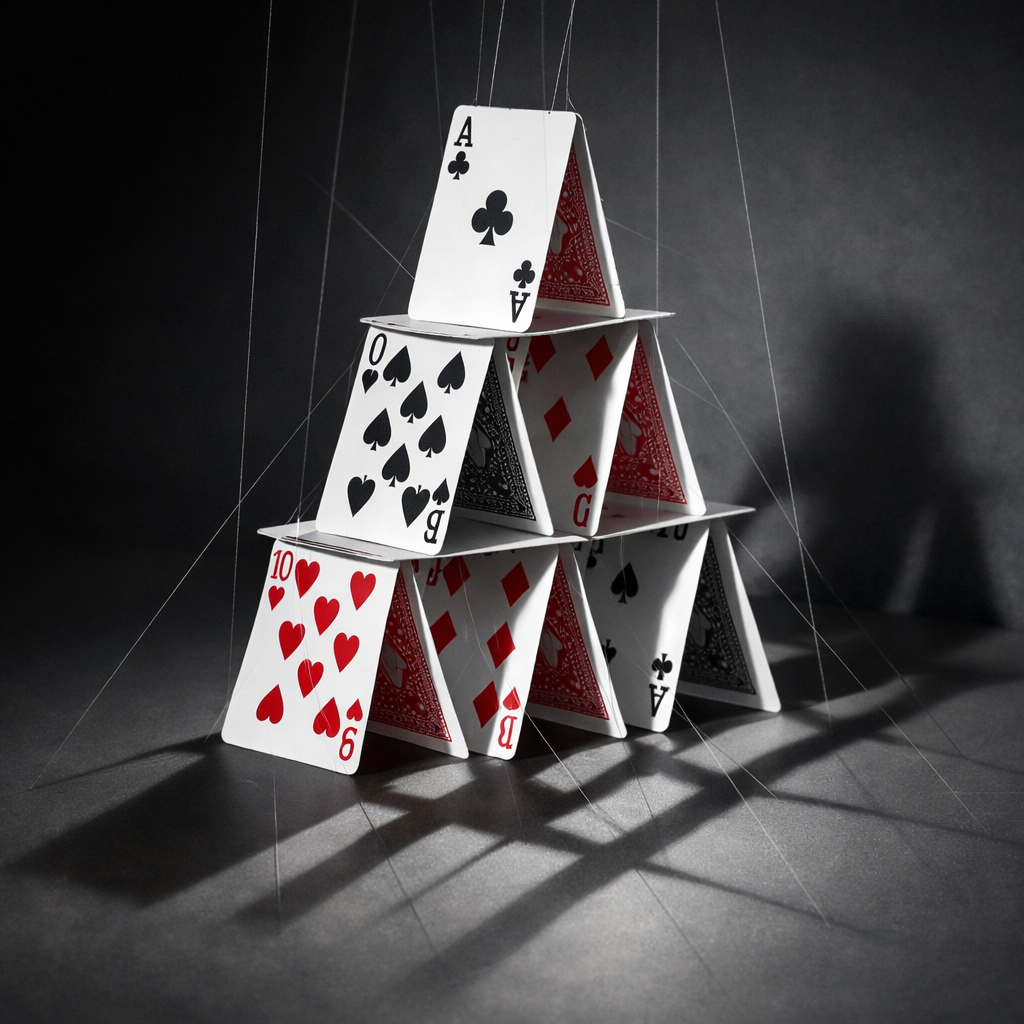 House of cards made with playing cards suspended by thin strings