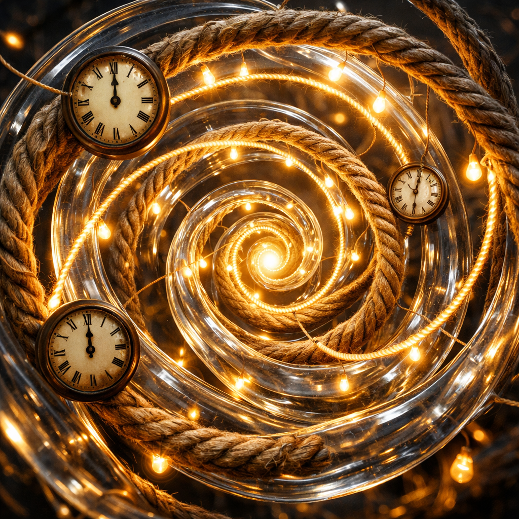 Spiral rope entwined with glowing string lights and vintage clocks showing midnight.
