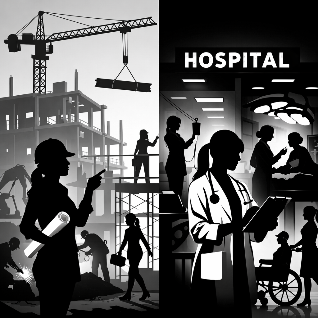 Women working in construction site with crane and building, and women in hospital with medical equipment and patients