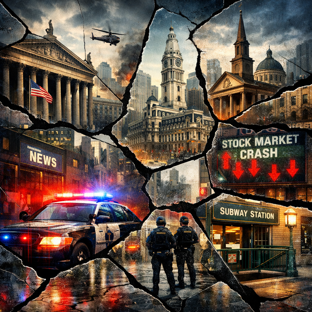 Collage of city landmarks, police car with lights, armed officers, stock market crash sign, and subway entrance