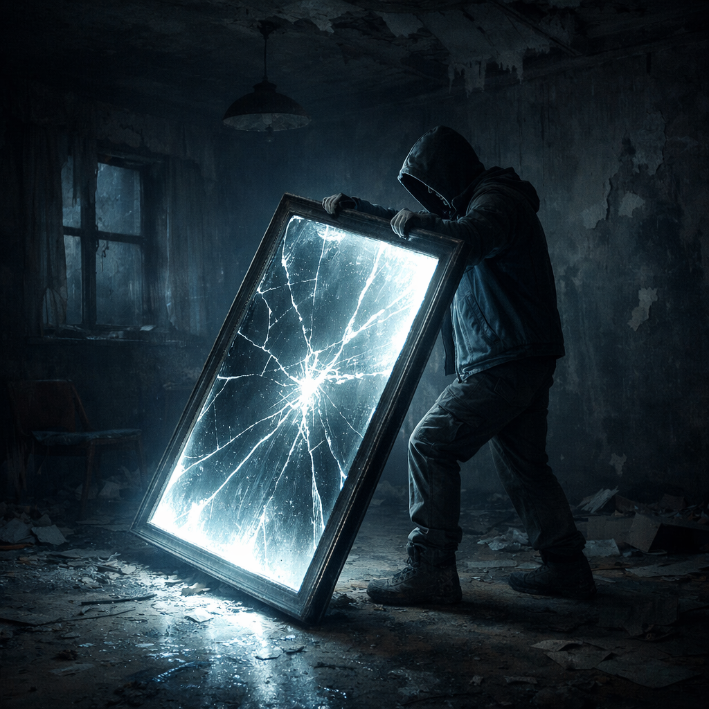 Person in a hood holding a large broken mirror emitting bright light in a decayed room
