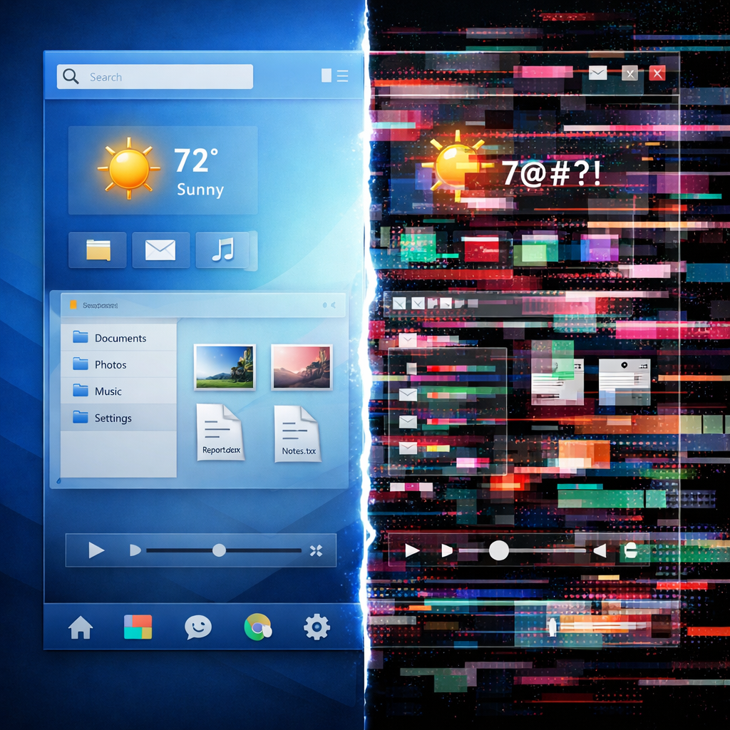 Side-by-side comparison of a functioning computer interface and a corrupted, glitched interface with distorted colors and unreadable text