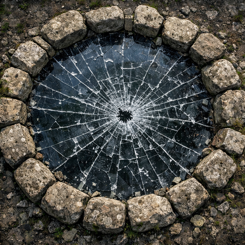 Circular arrangement of stones surrounding shattered glass with radiating cracks