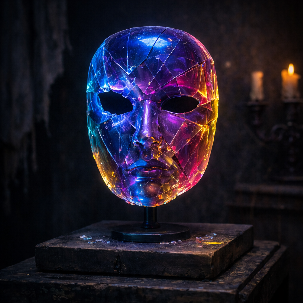 Shattered glass sculpture of a human face with a missing eyehole.