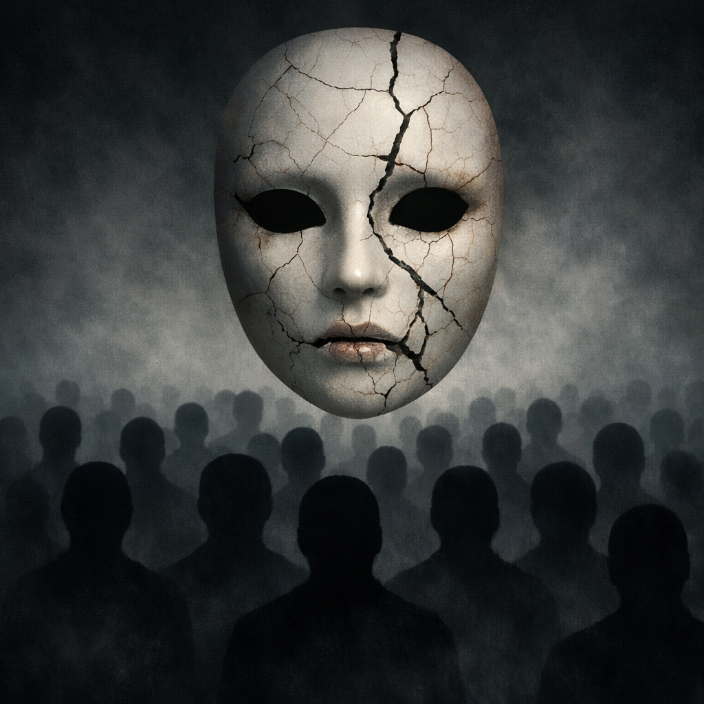 A cracked white mask with hollow eyes floating above a crowd of shadowy faceless silhouettes