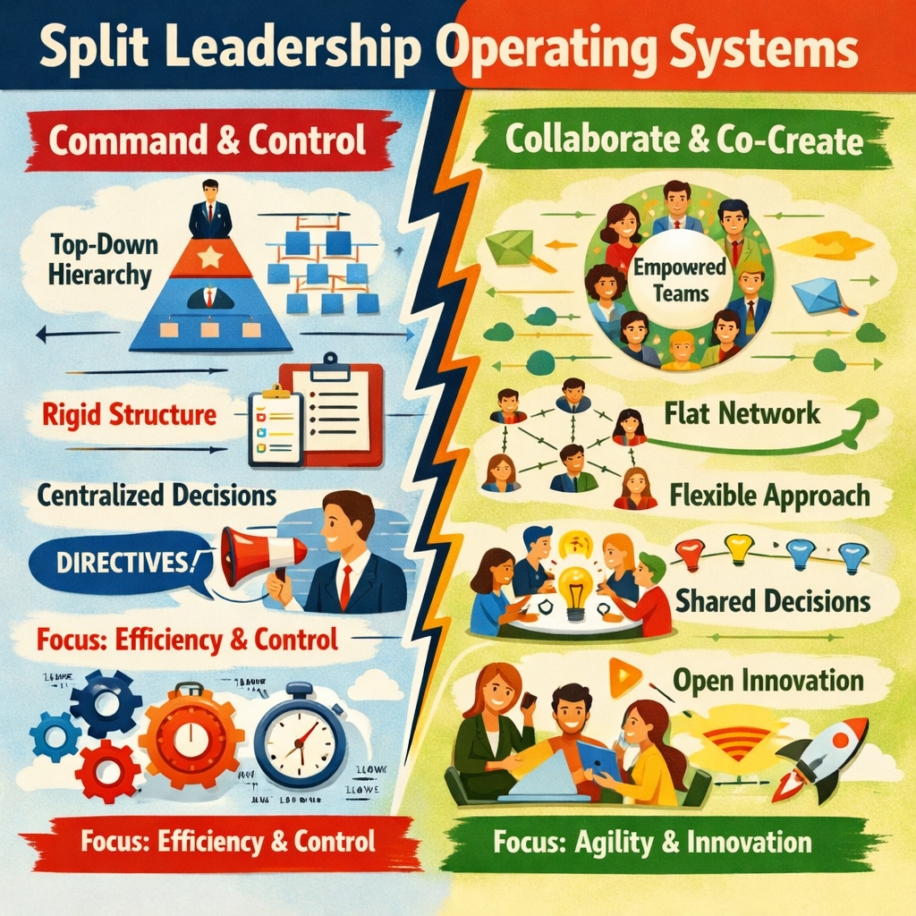 Infographic comparing command and control leadership with collaborate and co-create leadership.