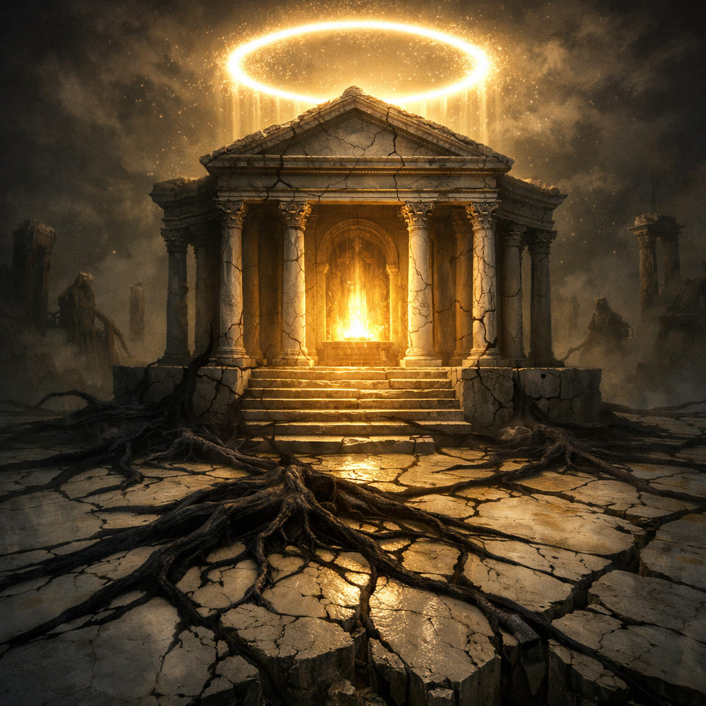 Cracked ancient temple with glowing light and roots on cracked ground
