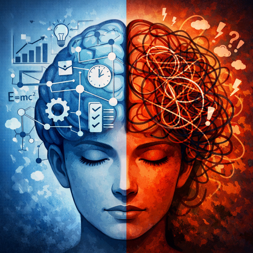 Face split in half with left brain showing logical icons and right brain with chaotic scribbles