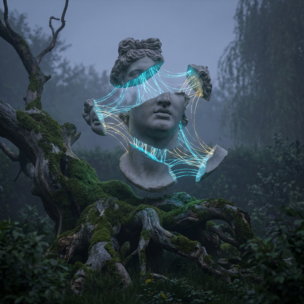 Broken classical statue head floating and connected by glowing blue and yellow threads