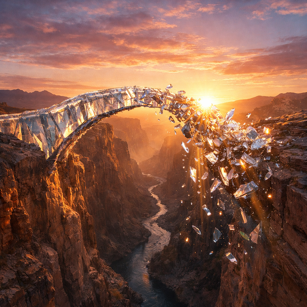 A glass bridge breaking apart over a deep canyon with a river below during sunset