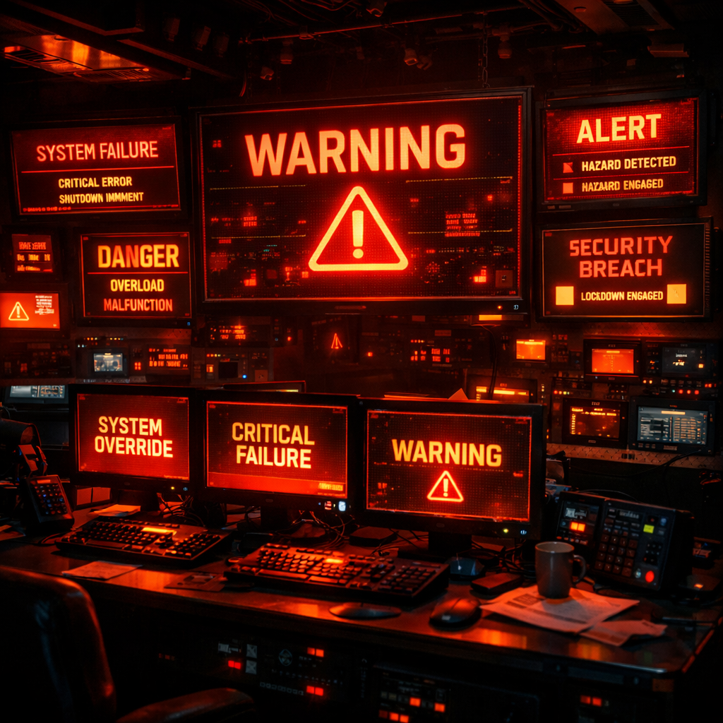 Control room monitors showing system failure, warning, alert, danger, and security breach messages in red.