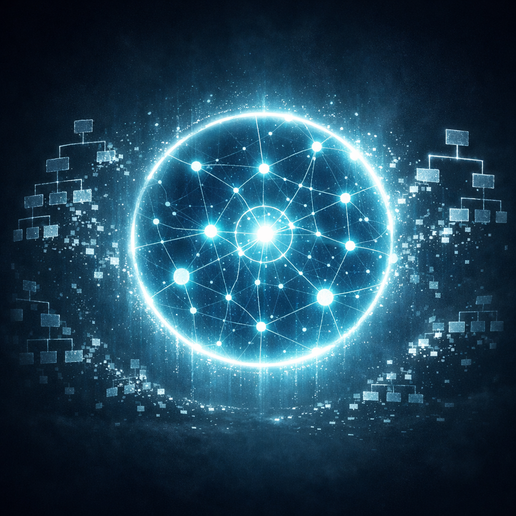 Glowing sphere with interconnected nodes and lines depicting a digital network and data structure