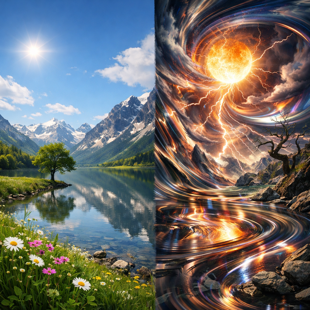 Left side shows a calm mountain lake with a tree and flowers under a bright sun, right side depicts a swirling cosmic storm with a fiery sun and lightning
