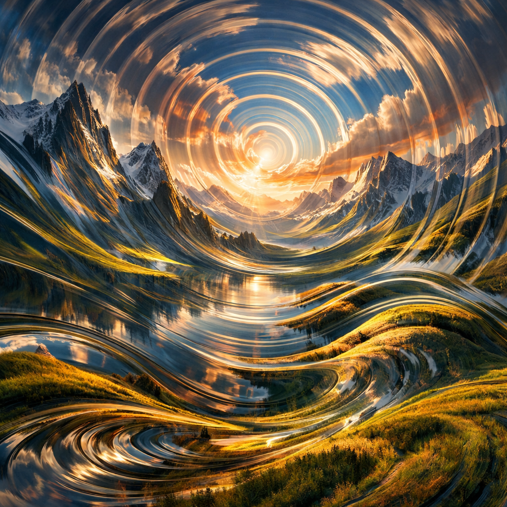 Mountain valley with snowy peaks and lake distorted by circular swirl effect around sunset