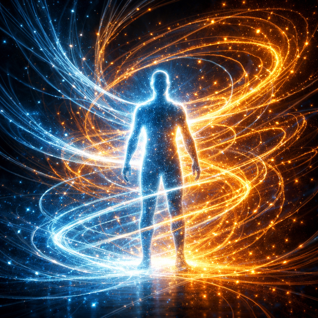 Silhouette of a human figure enveloped in dynamic blue and orange energy swirls