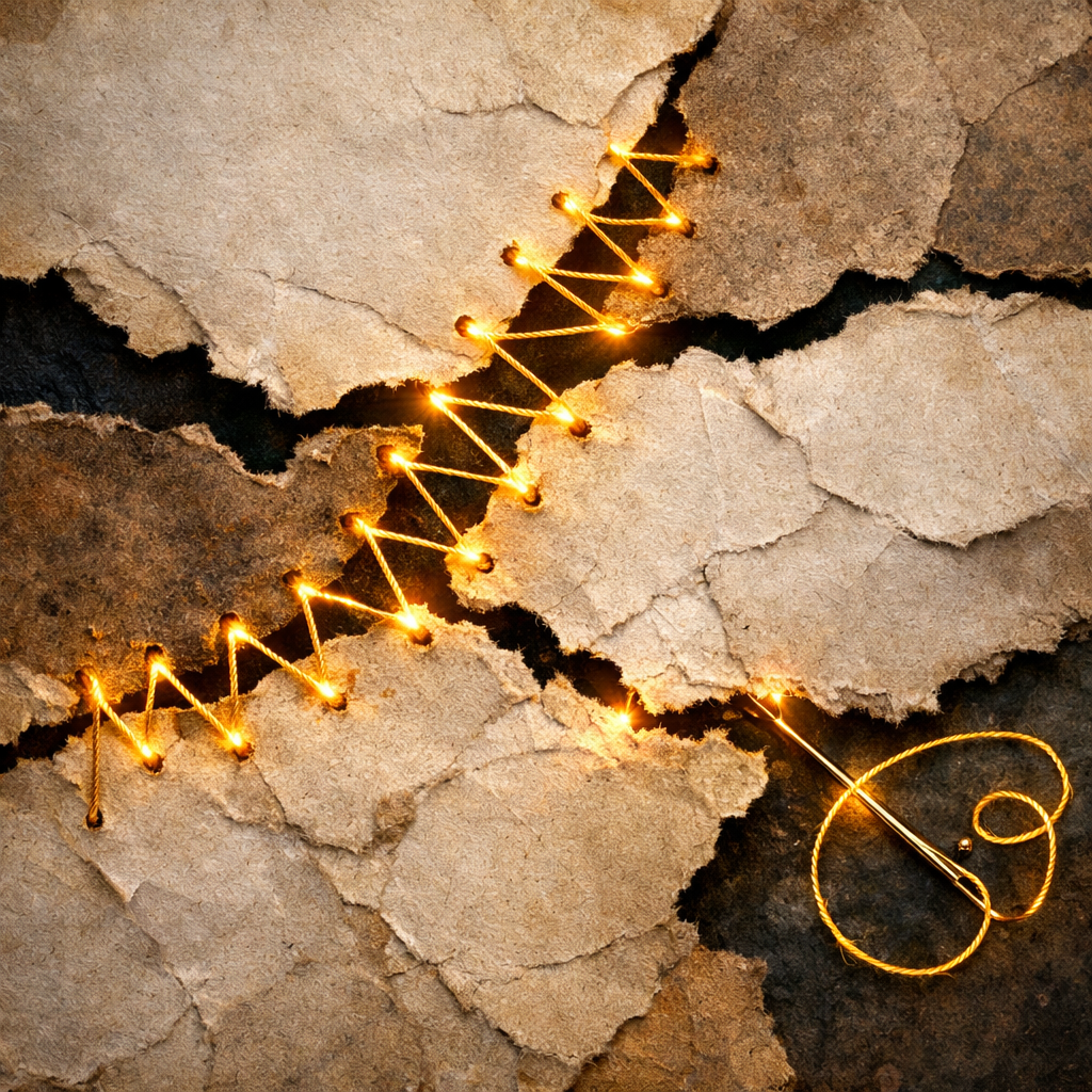 Torn beige paper stitched together with glowing golden thread and needle