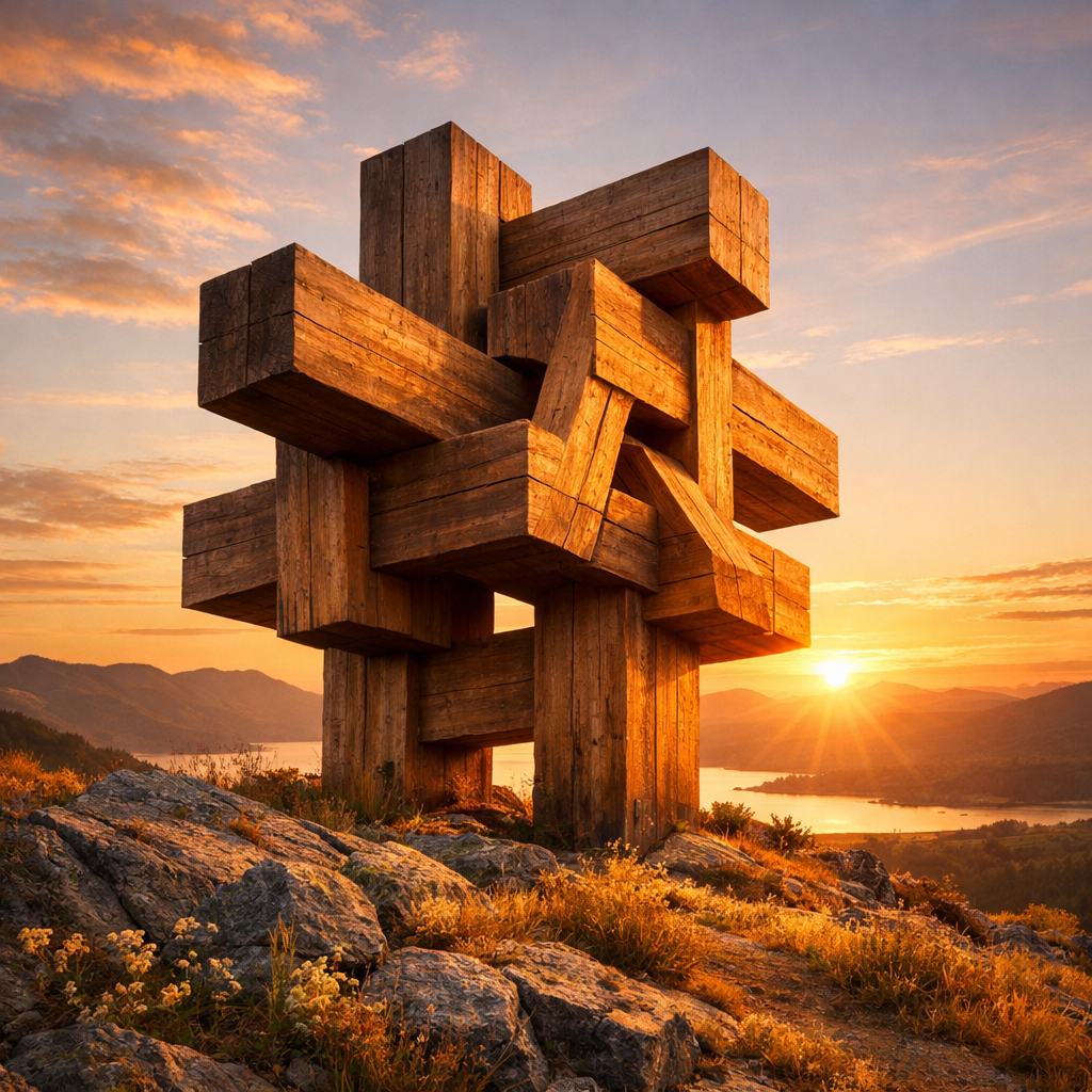 Geometric wooden sculpture made of intersecting beams on rocky hill at sunset