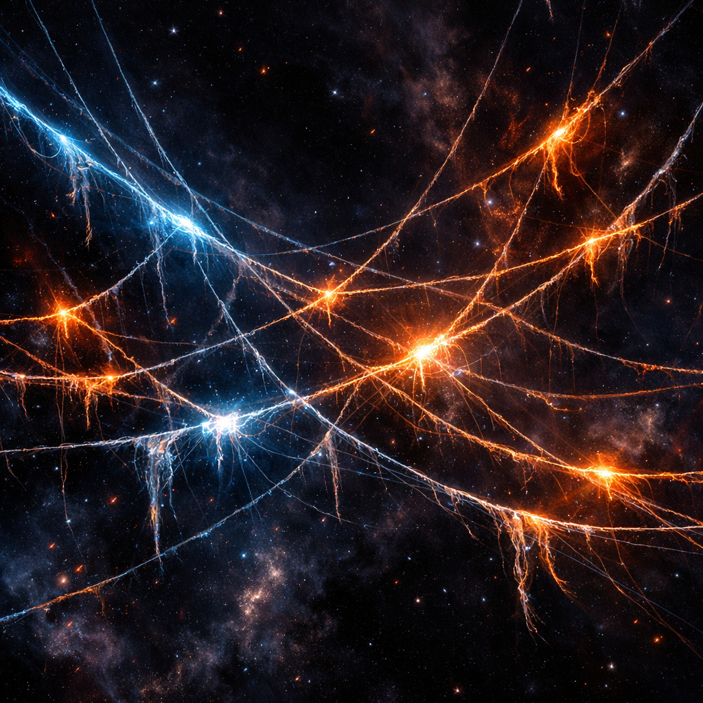 Glowing blue and orange interconnected neural network against a starry background