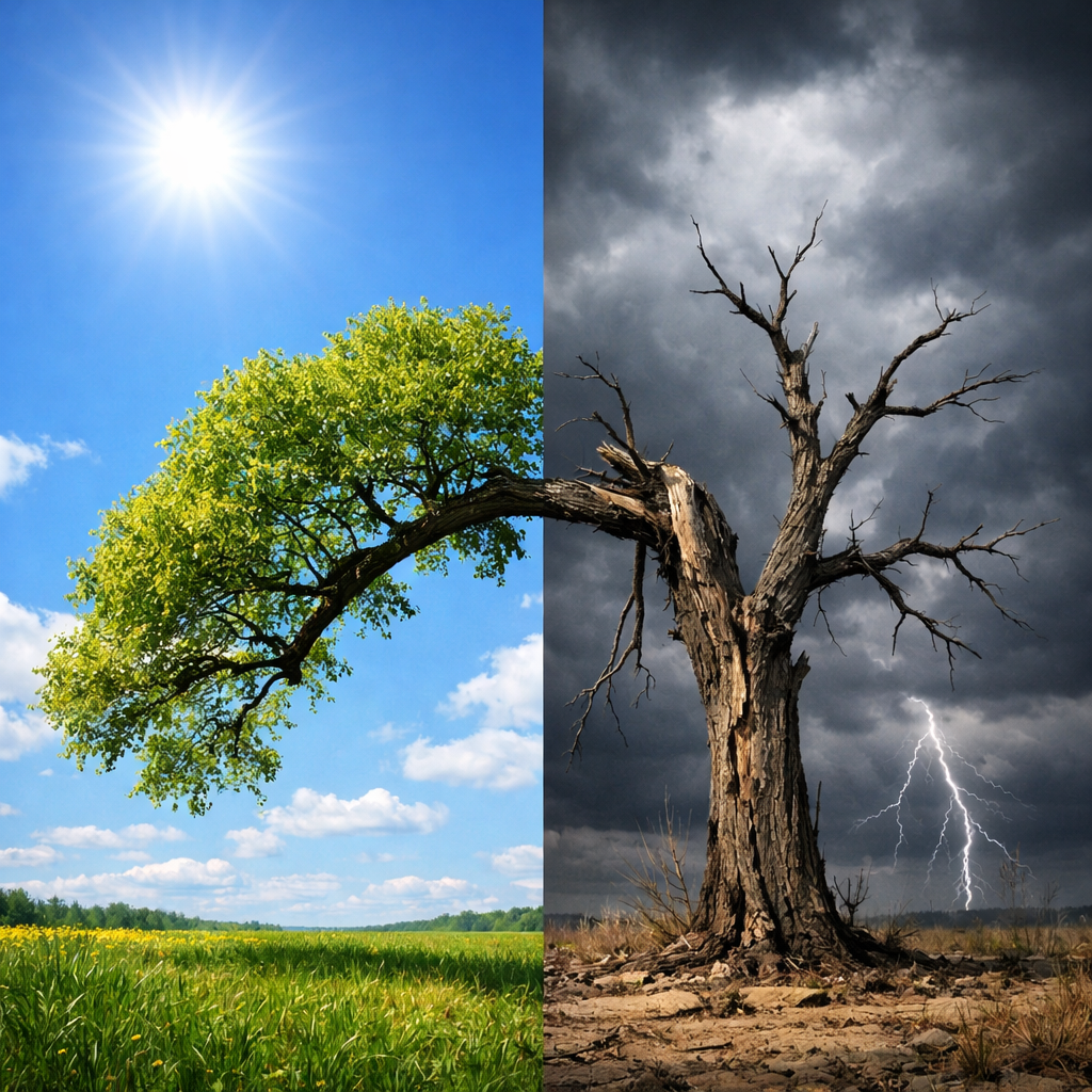 Split image with a lush green tree and clear sky on left and a dead tree with dark stormy sky and lightning on right