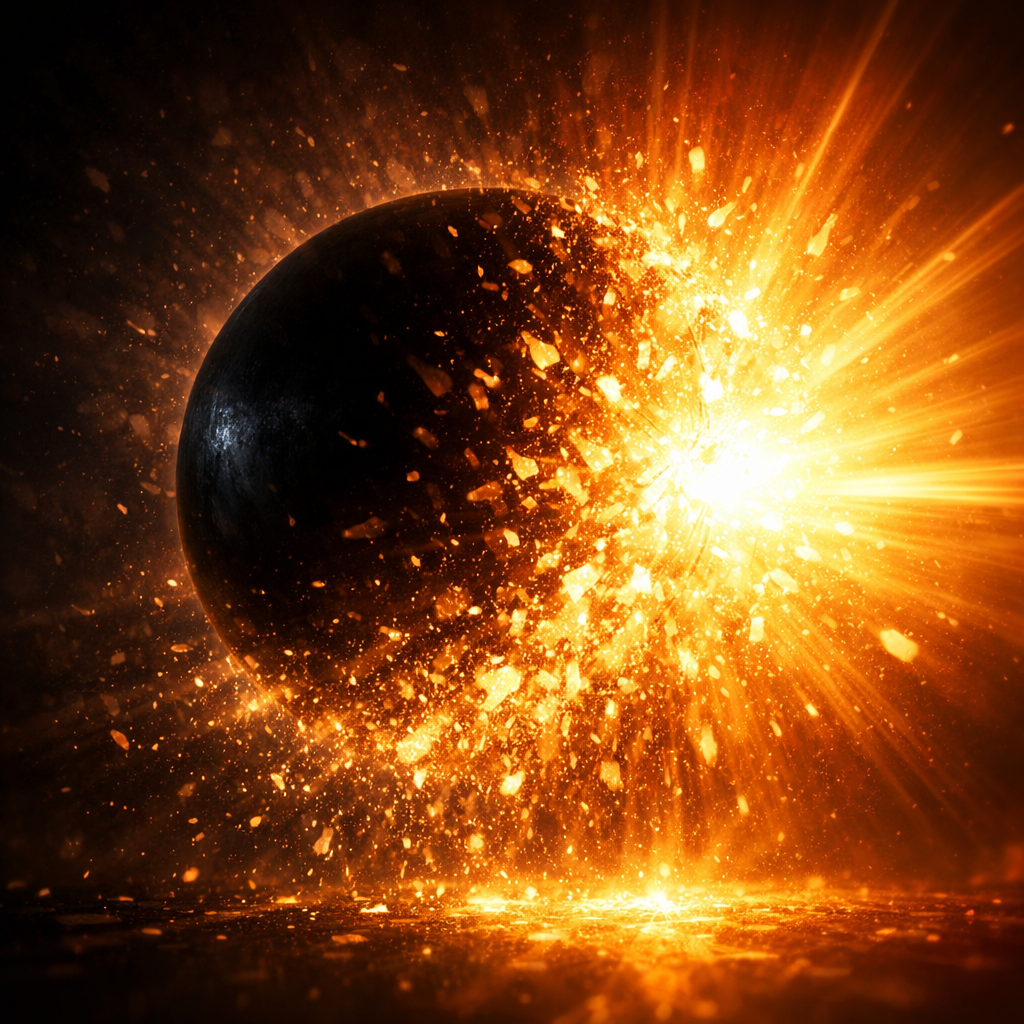 A dark spherical object exploding with bright orange light and scattered fragments