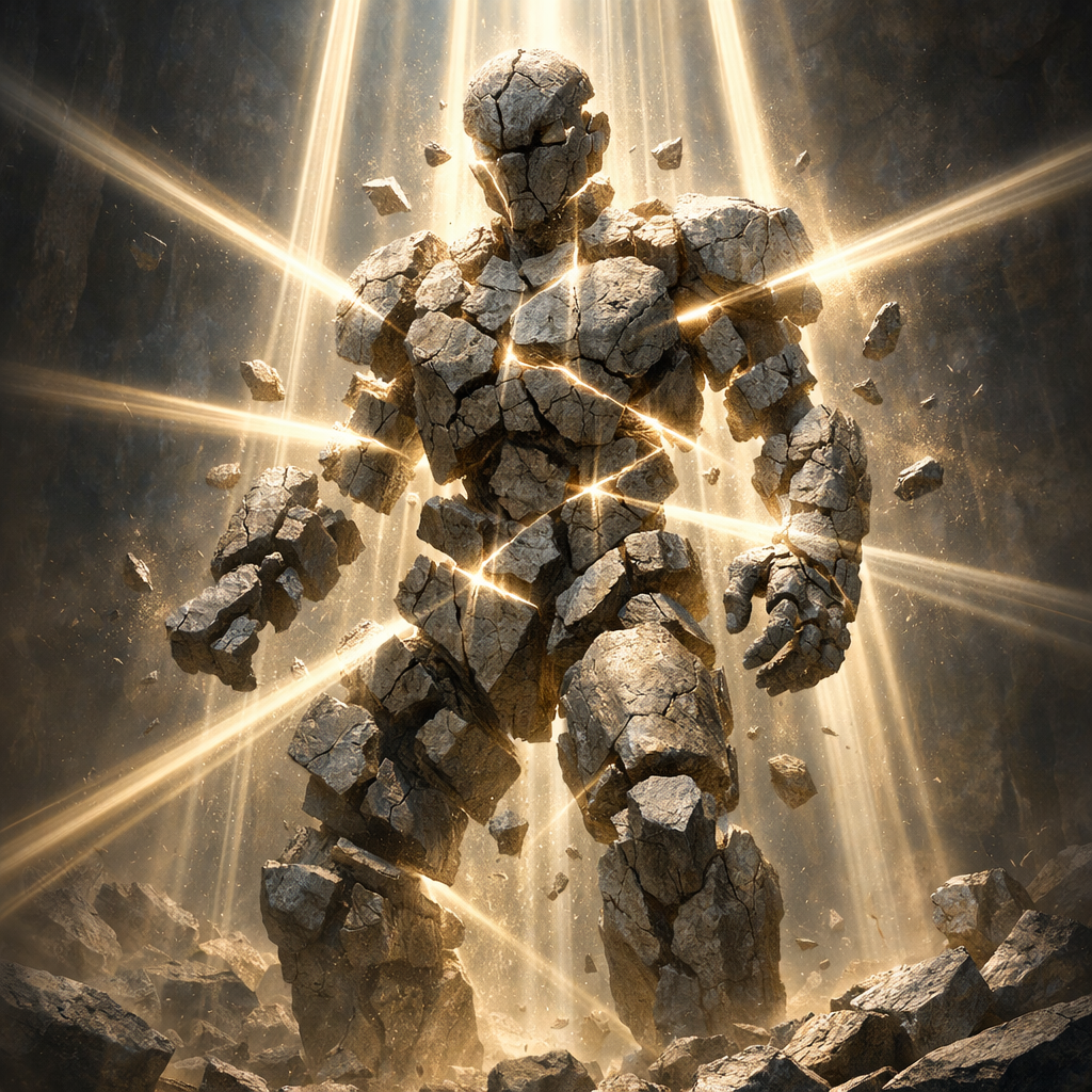 Large stone golem with cracks glowing and light beams passing through the fragmented parts