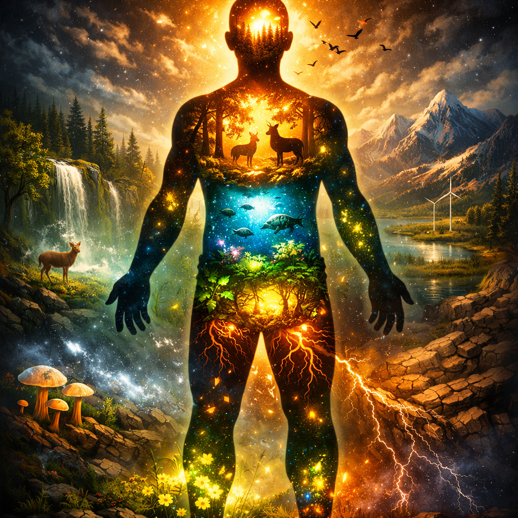 Silhouette of a person filled with forest, animals, underwater life, roots, and lightning